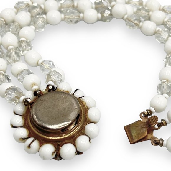 Vtg White Milk Glass & Faceted Crystal Bead Multi-Strand Bracelet w/Fancy Clasp - Picture 6 of 8